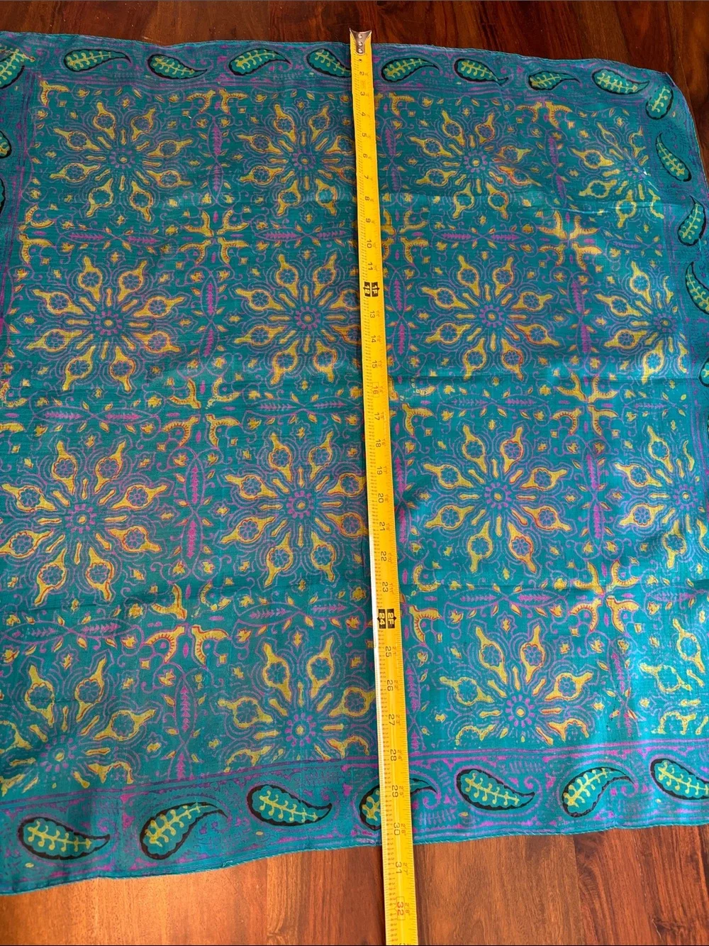 Vibrant 100% Pure Silk Teal Paisley Silk Scarf Yellow & Pink Accents -India